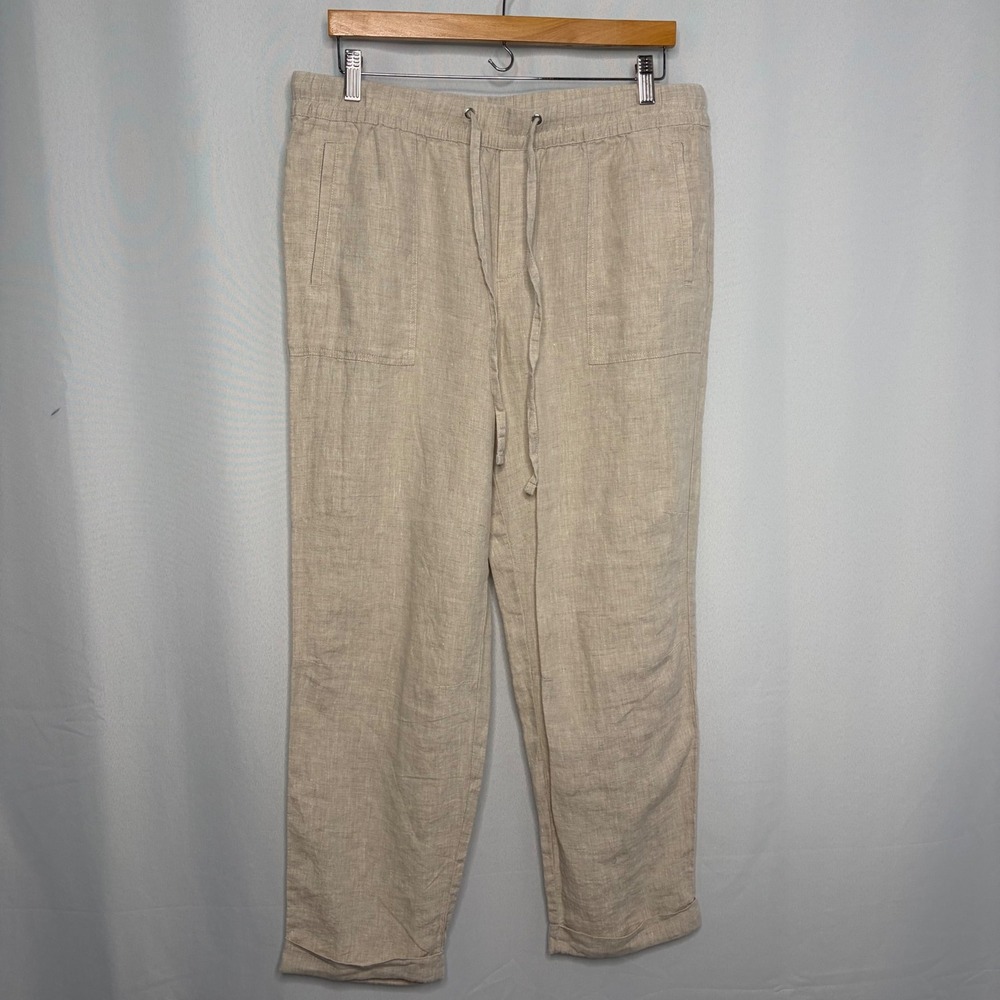 Lord & Taylor Womens 100% Linen Drawstring Straight Leg Pants Beige Size Large